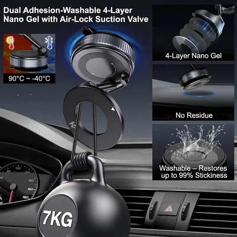 Fold-Flat Magnetic Car Phone Holder - Compact Metal Secure Smartphone Holder, 20N52 Magnetic Grip, Vertical Round Mount, Vacuum Suction Cup, Heat-Resistant Nano-Adhesive Base, MagSafe Snapon Vehicle Accessory for Car Interior, Secure Holder