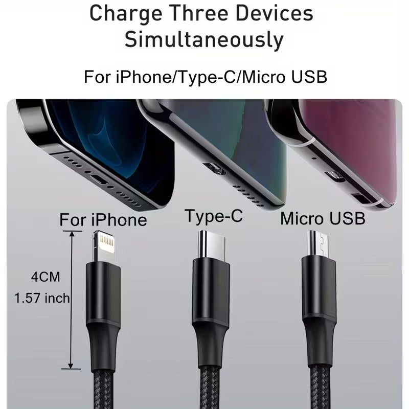 Premium 3-in-1 Nylon Braided Charging Cable | Charge 3 Devices Simultaneously