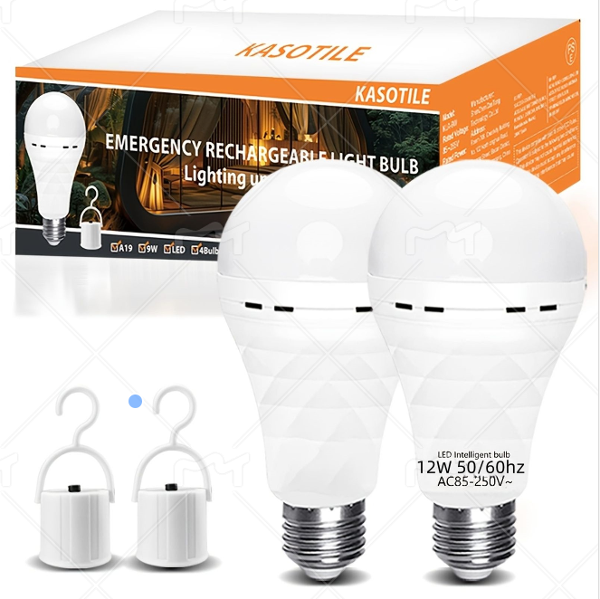 Set of 2 Rechargeable 12W LED Emergency Bulbs – Self-charging with 1200mAh Battery Backup. Features include automatic illumination during power outages, touch-activation, and a hanging hook. Suitable for both daily and emergency use (Daylight).