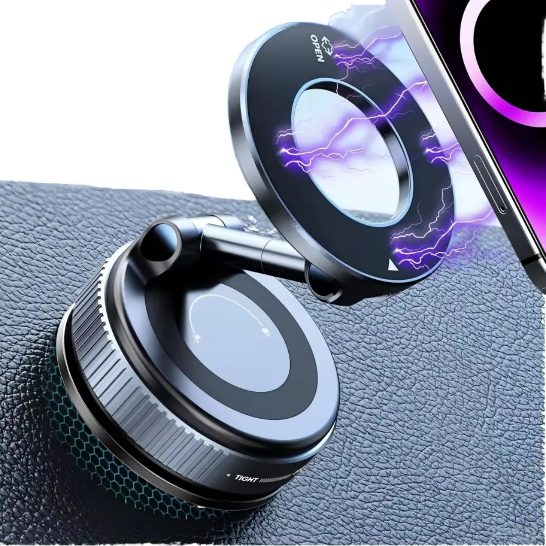 Fold-Flat Magnetic Car Phone Holder - Compact Metal Secure Smartphone Holder, 20N52 Magnetic Grip, Vertical Round Mount, Vacuum Suction Cup, Heat-Resistant Nano-Adhesive Base, MagSafe Snapon Vehicle Accessory for Car Interior, Secure Holder