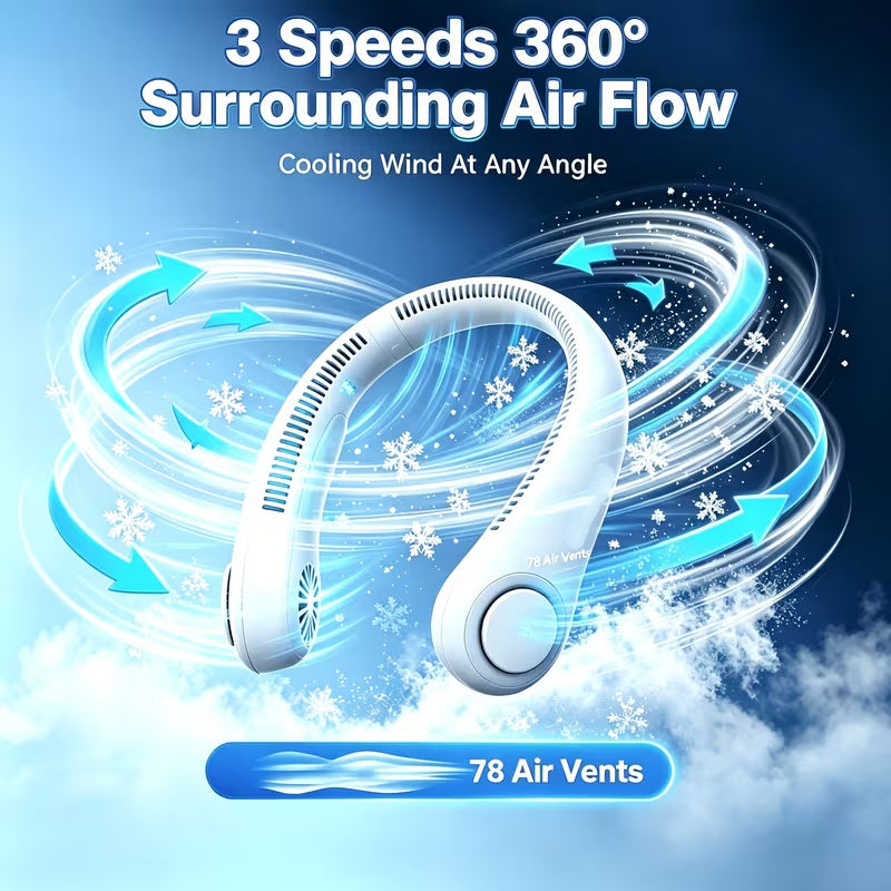 Portable Bladeless Neck Fan – USB Rechargeable 3-Speed Hands-Free Personal Cooler for Hot Weather, Travel & Outdoor Work