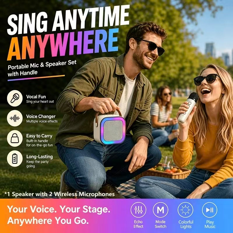 Wireless Microphone Speaker with Dual Mics & Colorful RGB Lights, Music Sync Flashing, Perfect Gadget for Indoor & Outdoor Parties