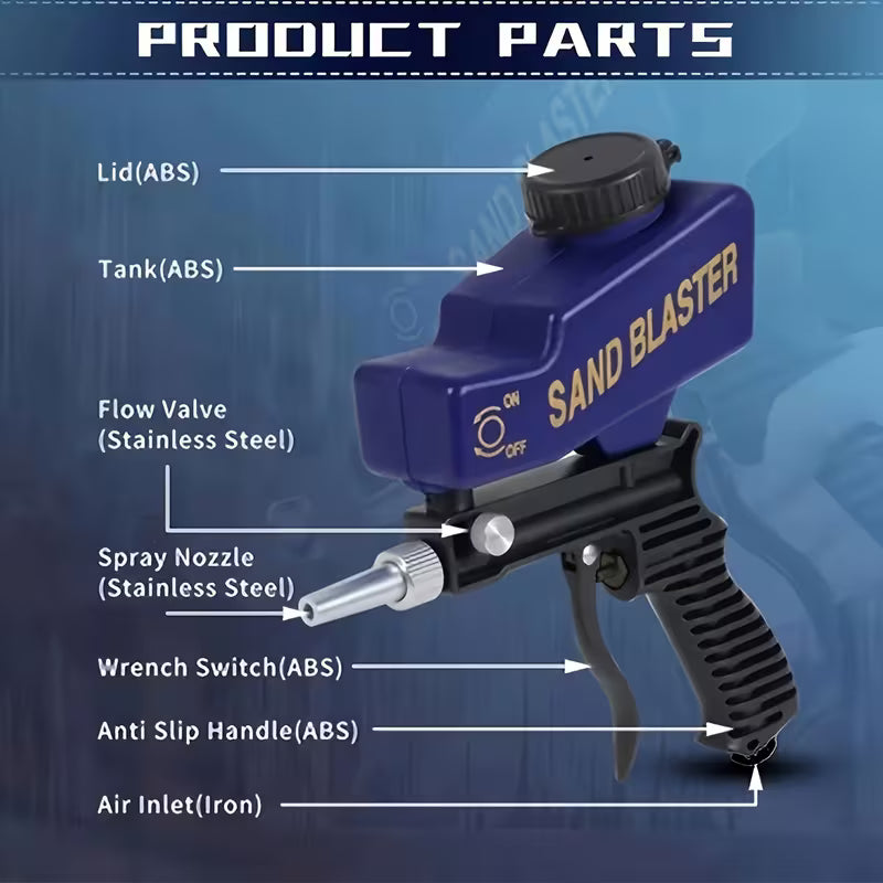 Black Portable Pneumatic Sandblaster Gun, Adjustable Sand Flow Rust Remover Tool For Garage, Metal Workshop & Car Chassis Refurbishment