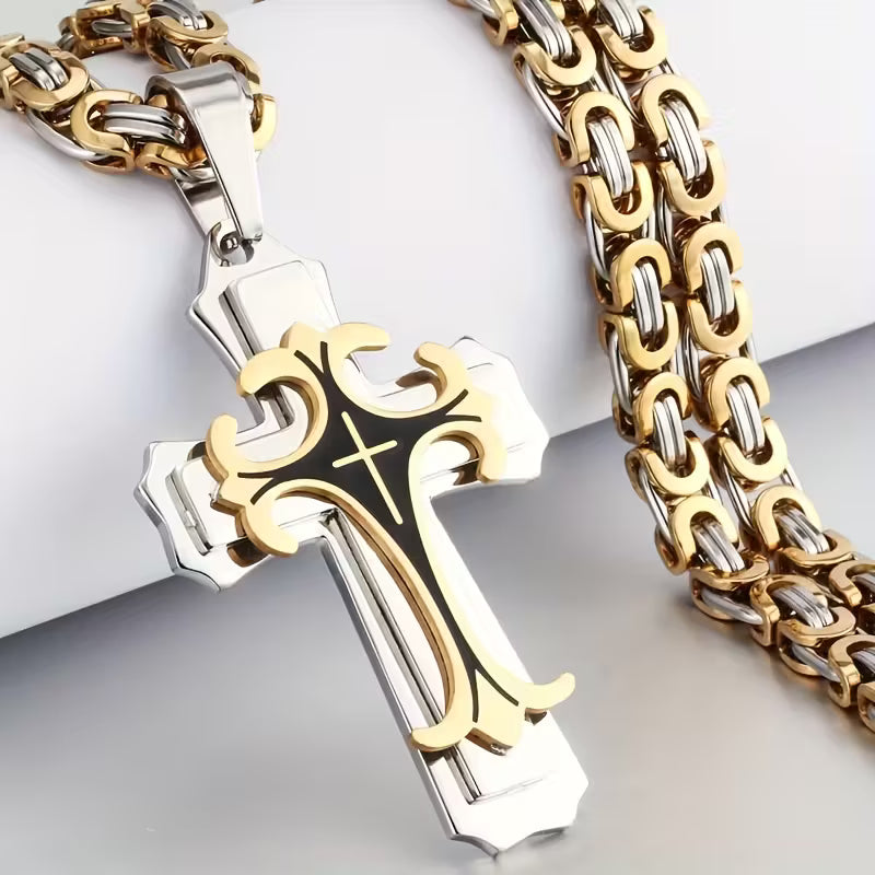 Men's Vintage Handmade Stainless Steel Pendant Necklace - Multi-Layer Flat Chain, Retro Hip-Hop Jewelry Gift for Men