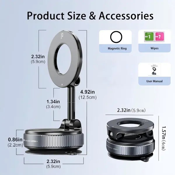 Fold-Flat Magnetic Car Phone Holder - Compact Metal Secure Smartphone Holder, 20N52 Magnetic Grip, Vertical Round Mount, Vacuum Suction Cup, Heat-Resistant Nano-Adhesive Base, MagSafe Snapon Vehicle Accessory for Car Interior, Secure Holder