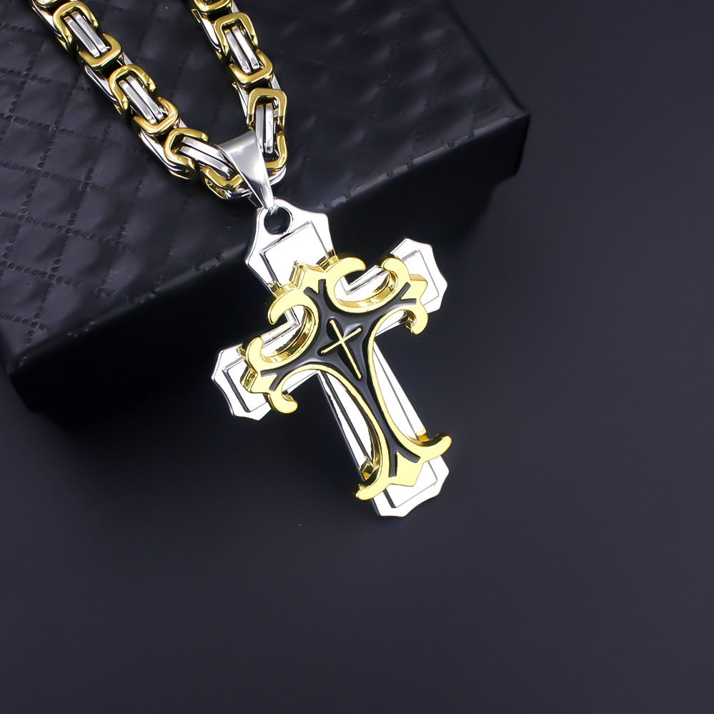Men's Vintage Handmade Stainless Steel Pendant Necklace - Multi-Layer Flat Chain, Retro Hip-Hop Jewelry Gift for Men