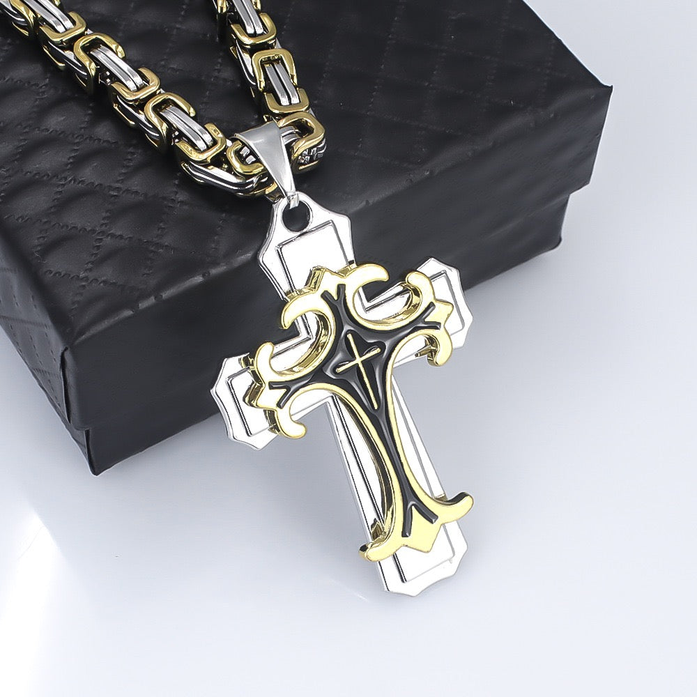 Men's Vintage Handmade Stainless Steel Pendant Necklace - Multi-Layer Flat Chain, Retro Hip-Hop Jewelry Gift for Men
