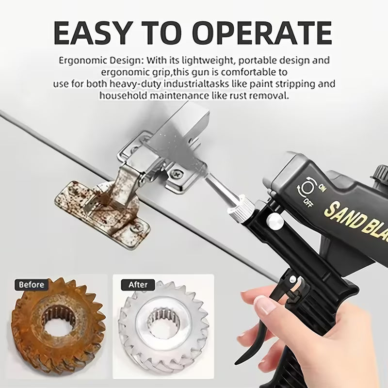 Black Portable Pneumatic Sandblaster Gun, Adjustable Sand Flow Rust Remover Tool For Garage, Metal Workshop & Car Chassis Refurbishment