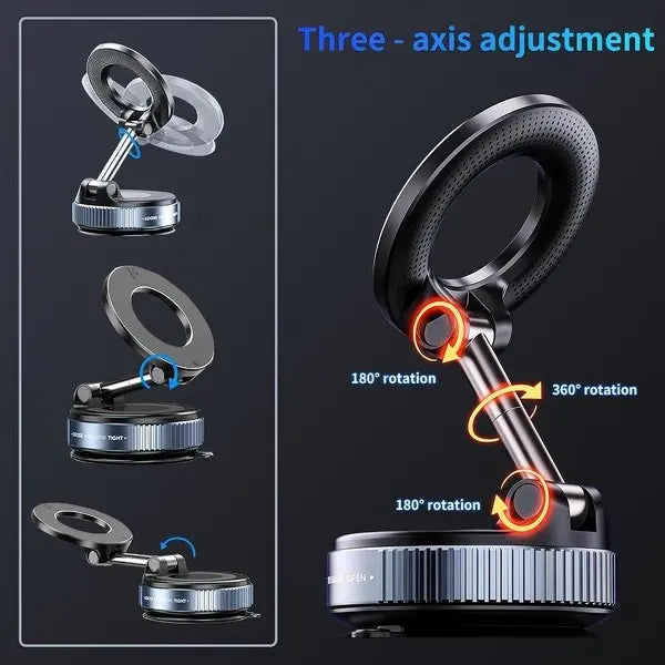Fold-Flat Magnetic Car Phone Holder - Compact Metal Secure Smartphone Holder, 20N52 Magnetic Grip, Vertical Round Mount, Vacuum Suction Cup, Heat-Resistant Nano-Adhesive Base, MagSafe Snapon Vehicle Accessory for Car Interior, Secure Holder