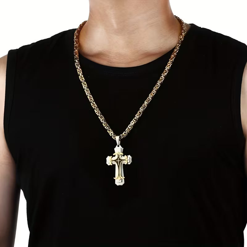 Men's Vintage Handmade Stainless Steel Pendant Necklace - Multi-Layer Flat Chain, Retro Hip-Hop Jewelry Gift for Men
