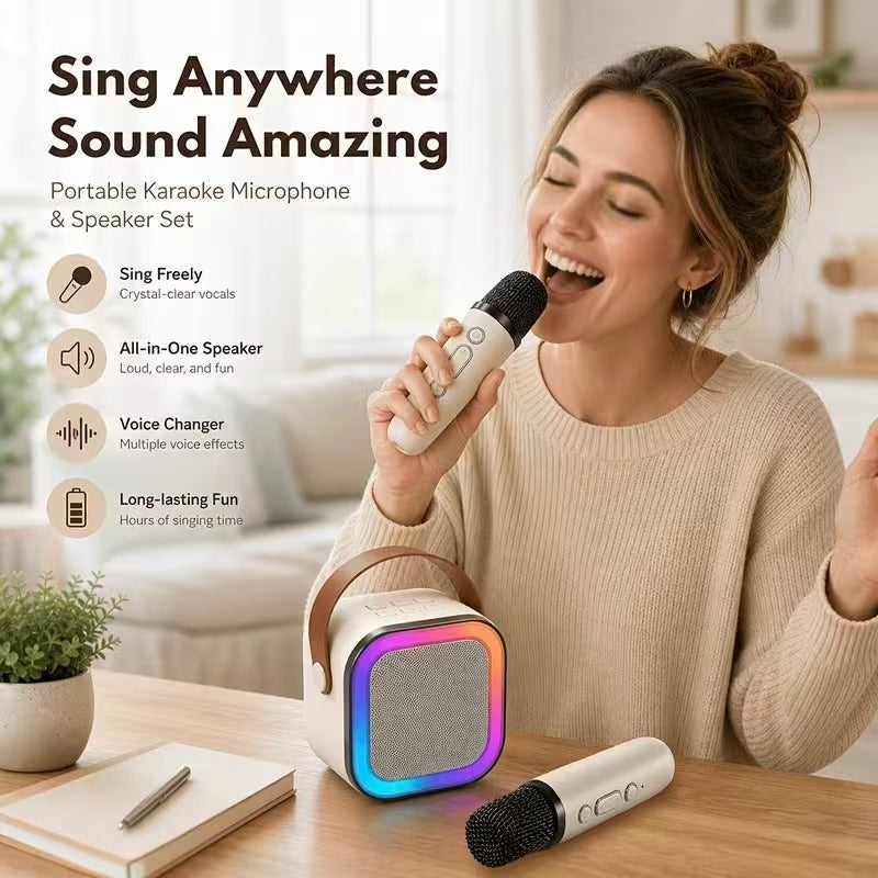 Wireless Microphone Speaker with Dual Mics & Colorful RGB Lights, Music Sync Flashing, Perfect Gadget for Indoor & Outdoor Parties