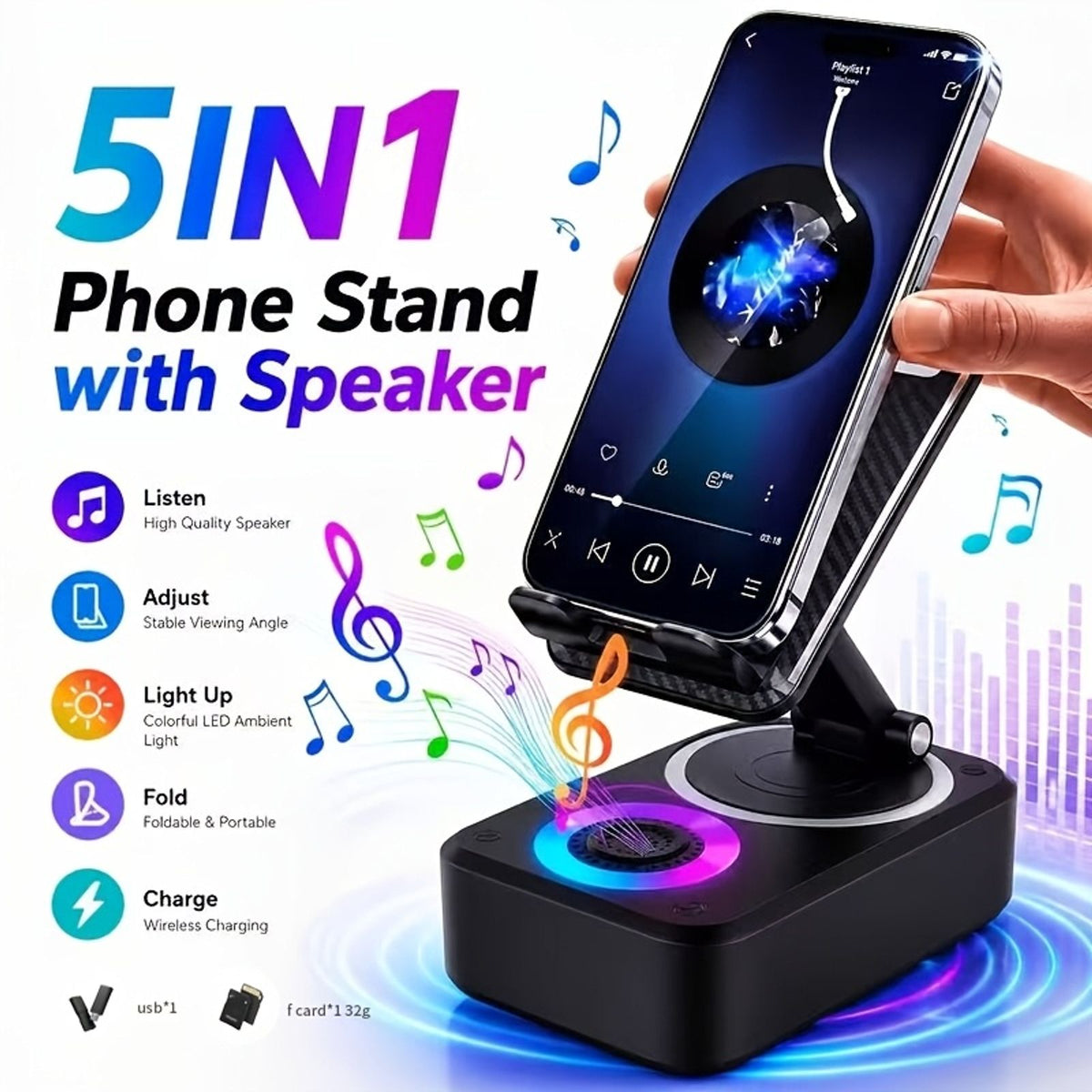 2026 New Bluetooth Speaker, Bluetooth Stand with Speaker and Emergency Charging, 360° Adjustable Foldable Magnetic Bluetooth Speaker Stand, Portable Emergency Charger, Suitable for iPhone and Android Phones, Ideal for Home, Travel, and Office Use