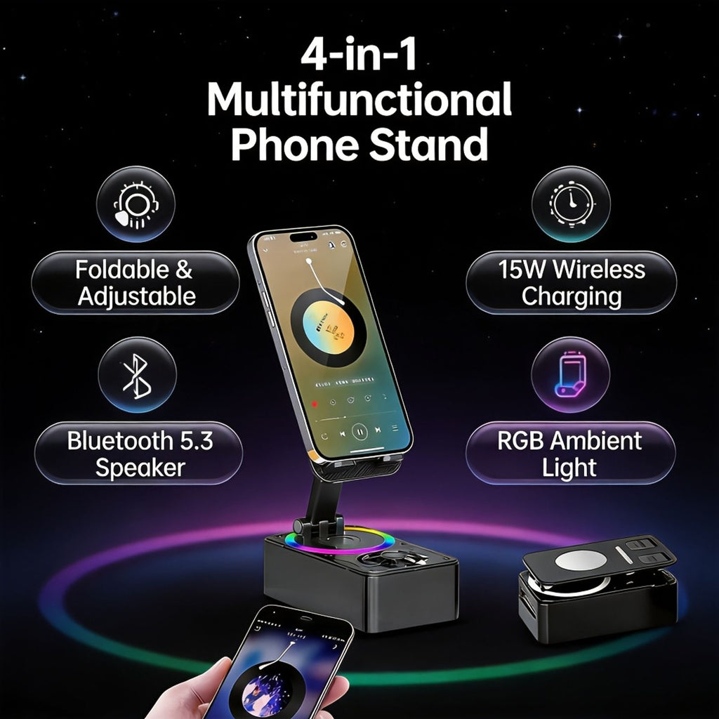 2026 New Bluetooth Speaker, Bluetooth Stand with Speaker and Emergency Charging, 360° Adjustable Foldable Magnetic Bluetooth Speaker Stand, Portable Emergency Charger, Suitable for iPhone and Android Phones, Ideal for Home, Travel, and Office Use image 4